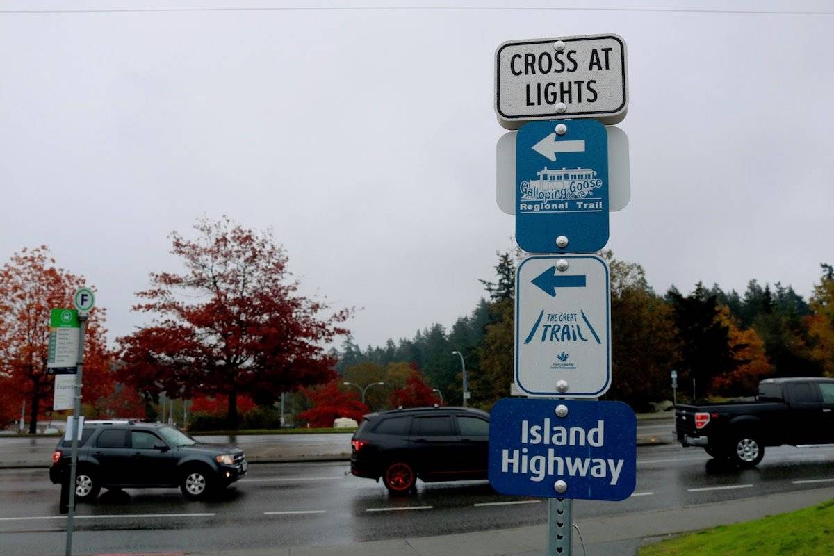 The City of Colwood has applied for a funding to build a bridge across Island Highway, providing easier access to cyclists and pedestrians along the Galloping Goose Trail. (Aaron Guillen/News Staff)