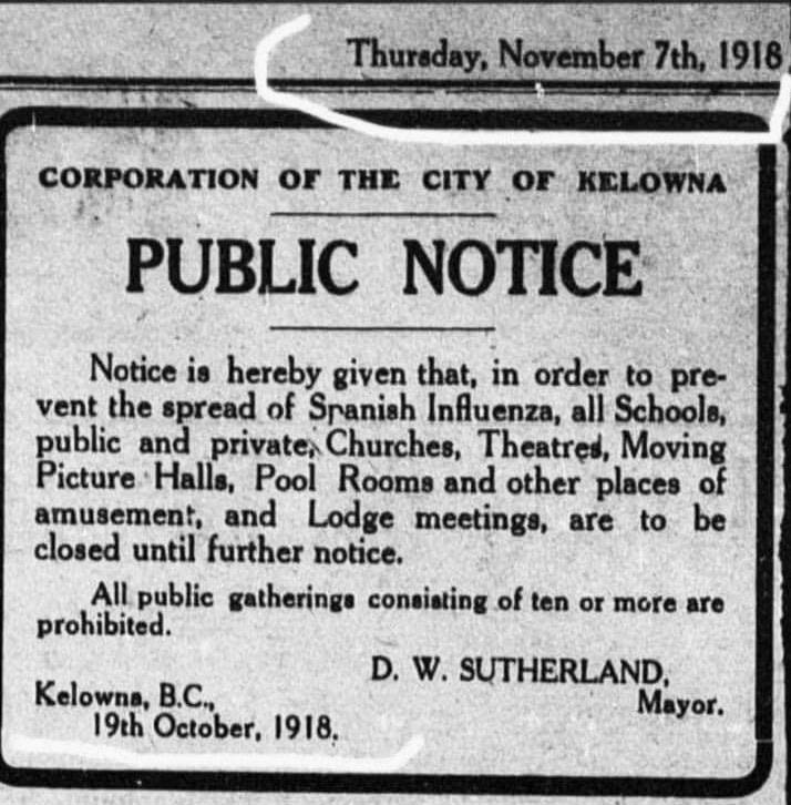 This item in a Kelowna newspaper from 1918 reflects some of the measures to curb the Spanish flu that are becoming familiar to us in dealing with COVID. (Submitted)