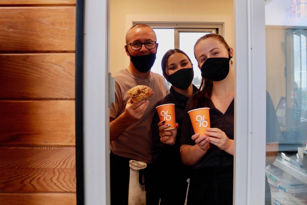 Sequoia Coffee’s manager Alan Rainey (left) and baristas Annalise Steadman and Hannah Robertson are one week into the opening of the first coffee shop in Colwood’s Royal Bay neighbourhood. The coffee shop has a drive-thru and is made from shipping containers. (Aaron Guillen/News Staff)