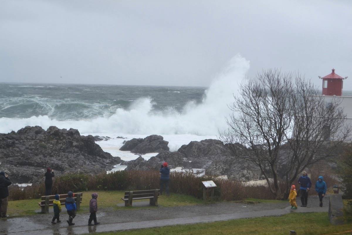 A giant wave crashes into the rocks off Amphitrite Point Lighthouse in Ucluelet on Nov. 17, 2020. (Nora OMalley photo)