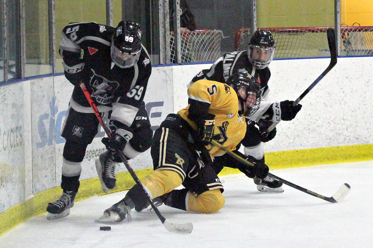 Vancouver Island Junior Hockey League has halted all games until further notice based on B.C. public health officer orders and information from B.C. Hockey. Pictured here, action between Nanaimo and Campbell River from last March. (News Bulletin file)
