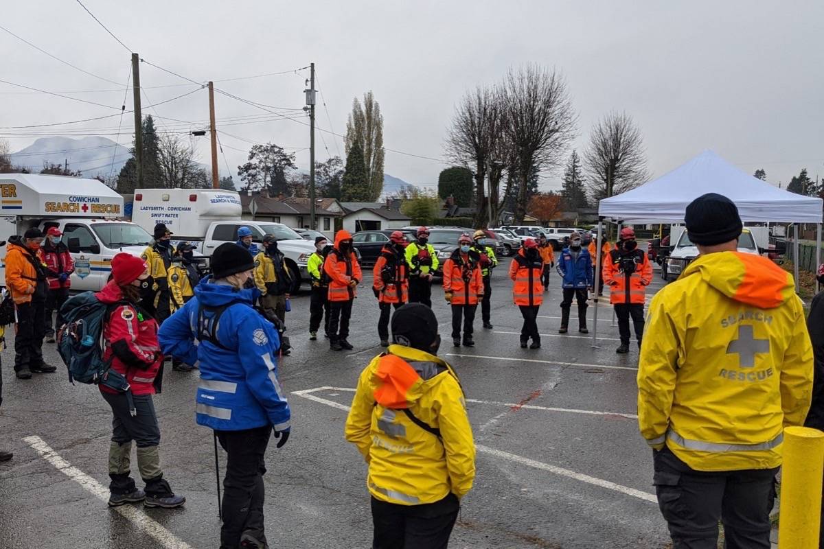 Search and rescue crews from all over Vancouver Island responded to calls to assist with the search for a 19 year-old man with medical issues who got lost on trails in the south end of Duncan on Nov. 21. The man was found Sunday morning and taken to hospital for assessment. (Submitted photo)