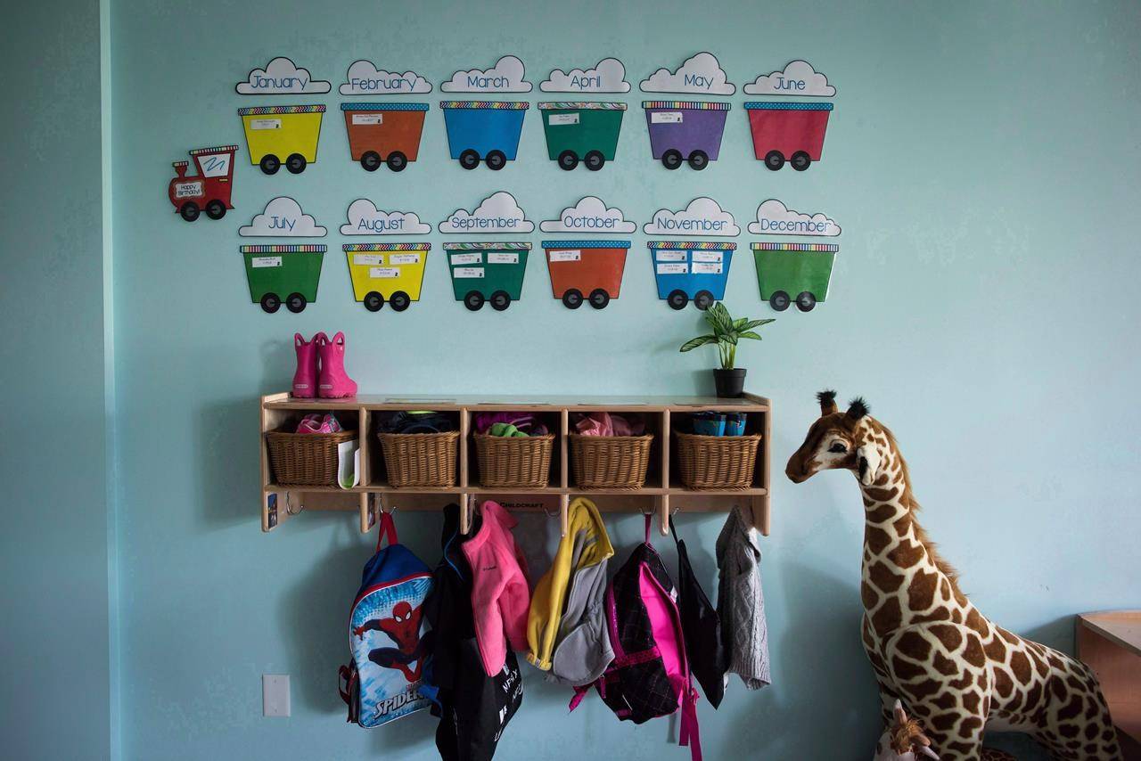 Children’s backpacks and shoes are seen at a CEFA (Core Education and Fine Arts) Early Learning daycare franchise, in Langley, B.C., on May 29, 2018. THE CANADIAN PRESS/Darryl Dyck