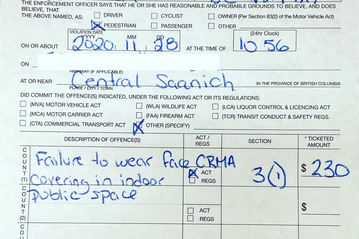 A man was issued a $230 fine after refusing to wear a mask inside a Central Saanich business. (Central Saanich Police Services/Twitter)