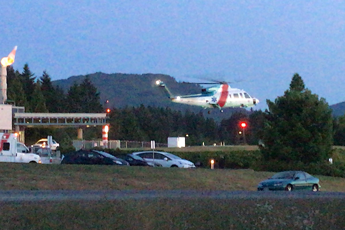 An air ambulance leaves West Coast General Hospital for a trauma centre at 9:50 p.m. on Wednesday, June 12 after a Port Alberni youth was injured in an accident on the Somass River. SUSAN QUINN PHOTO