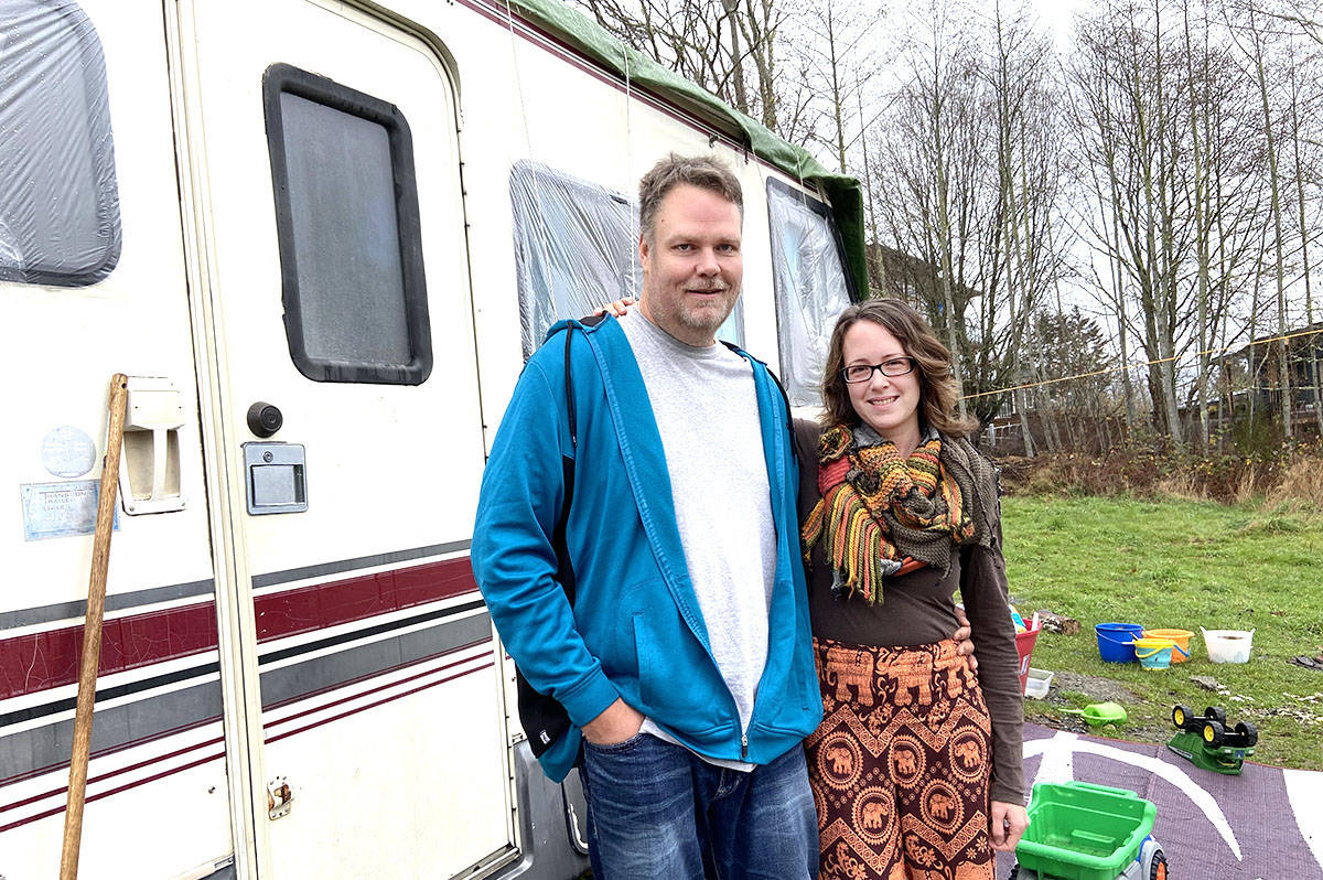 Kris Hardy and Monique Seidler are pictured on their rental property on Murray Road. The District of Sooke say they can’t use a motorhome as a primary residence. (Kevin Laird – Sooke News Mirror)