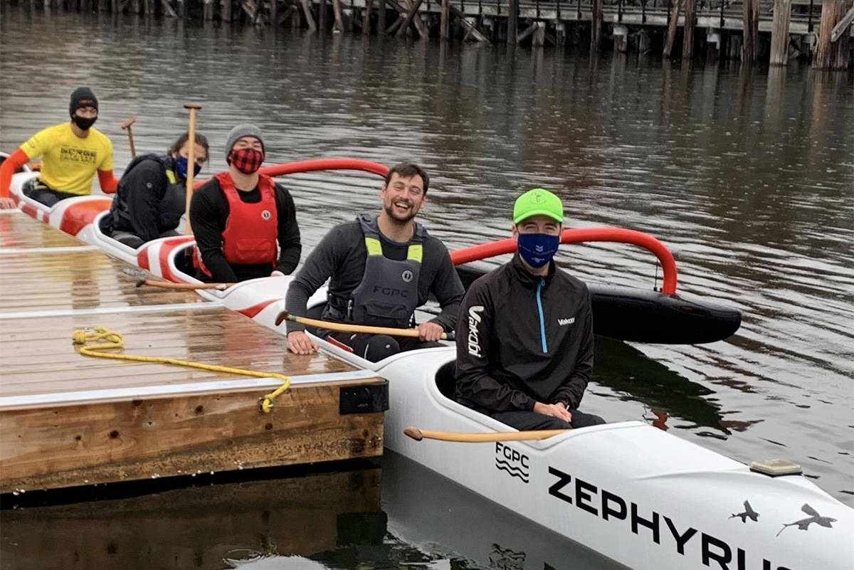 Athletes with Fairway Gorge Paddling Club’s open men’s staff head out on a high-tech outrigger canoe. The club raised more than $16,500 at its 2020 Wetdasche event. (Courtesy of Fairway Gorge Paddling Club)