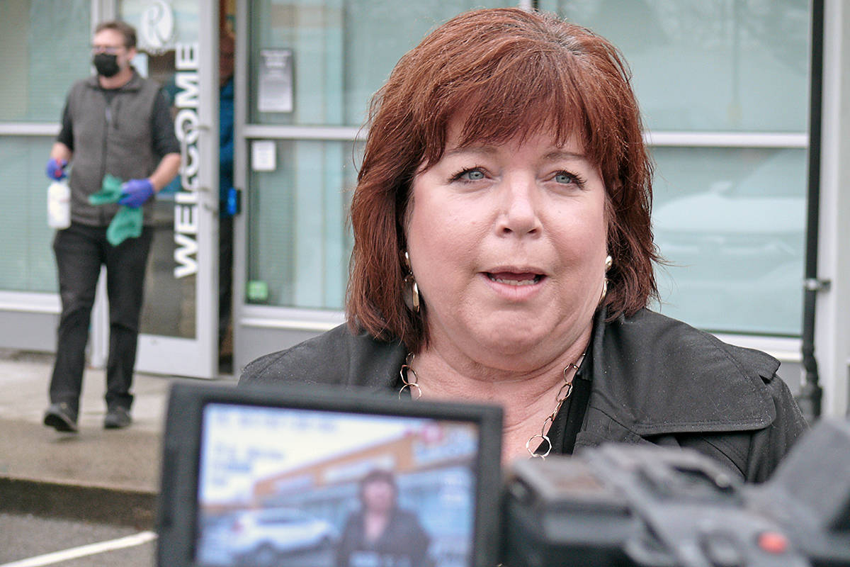 Culture Guard executive director Kari Simpson spoke to reporters outside the Riverside Calvary Church in Langley on Sunday, Dec. 6, to confirm in-person services were again held despite a provincial COVID-19 order to the contrary. Simpson said a ticket issued a week earlier for breaching the ban would be challenged in court. (Dan Ferguson/Langley Advance Times)
