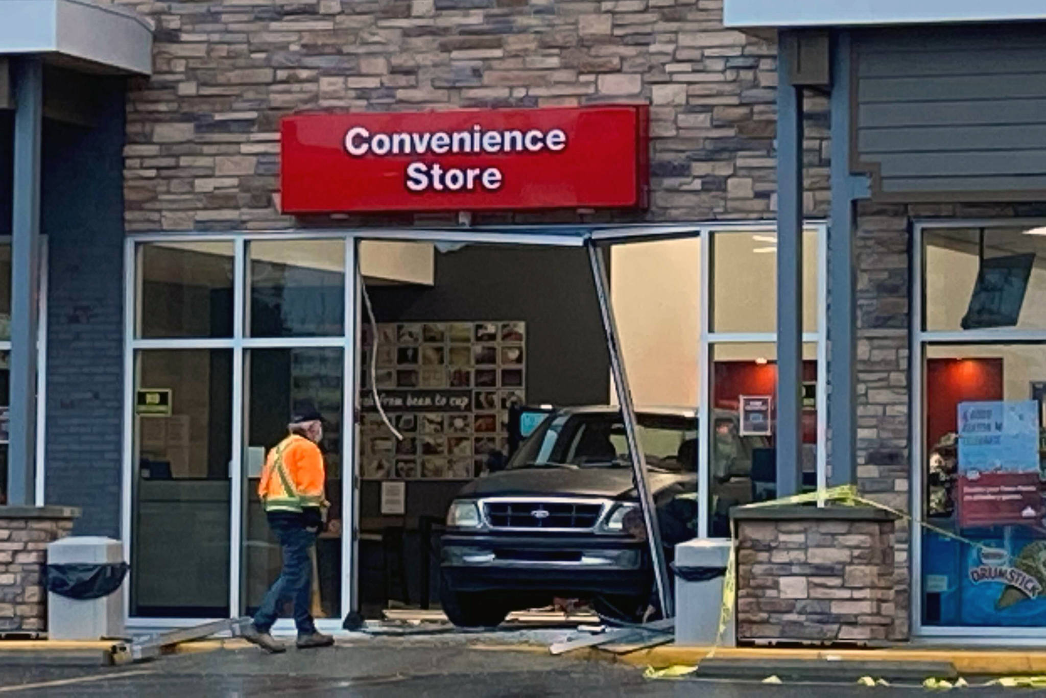 A vehicle was driven into a T’Souke businesses early Wednesday morning. (Sooke News Mirror photo)