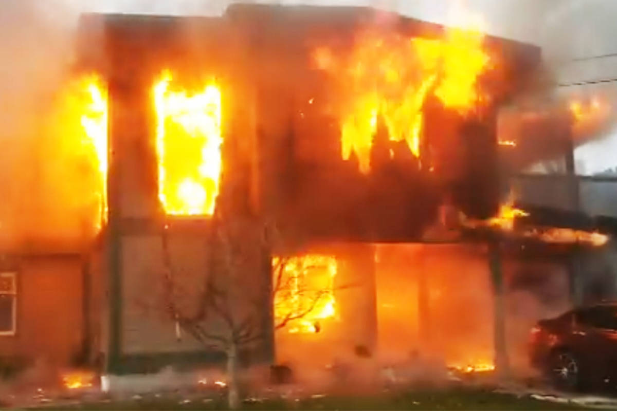 A home of Murphy Street was fully engulfed in flames by the time firefighters arrived, but all five occupants managed to get to safety thanks to working smoke detectors, according to Campbell River Fire. Photo courtesy Campbell River Fire/Twitter