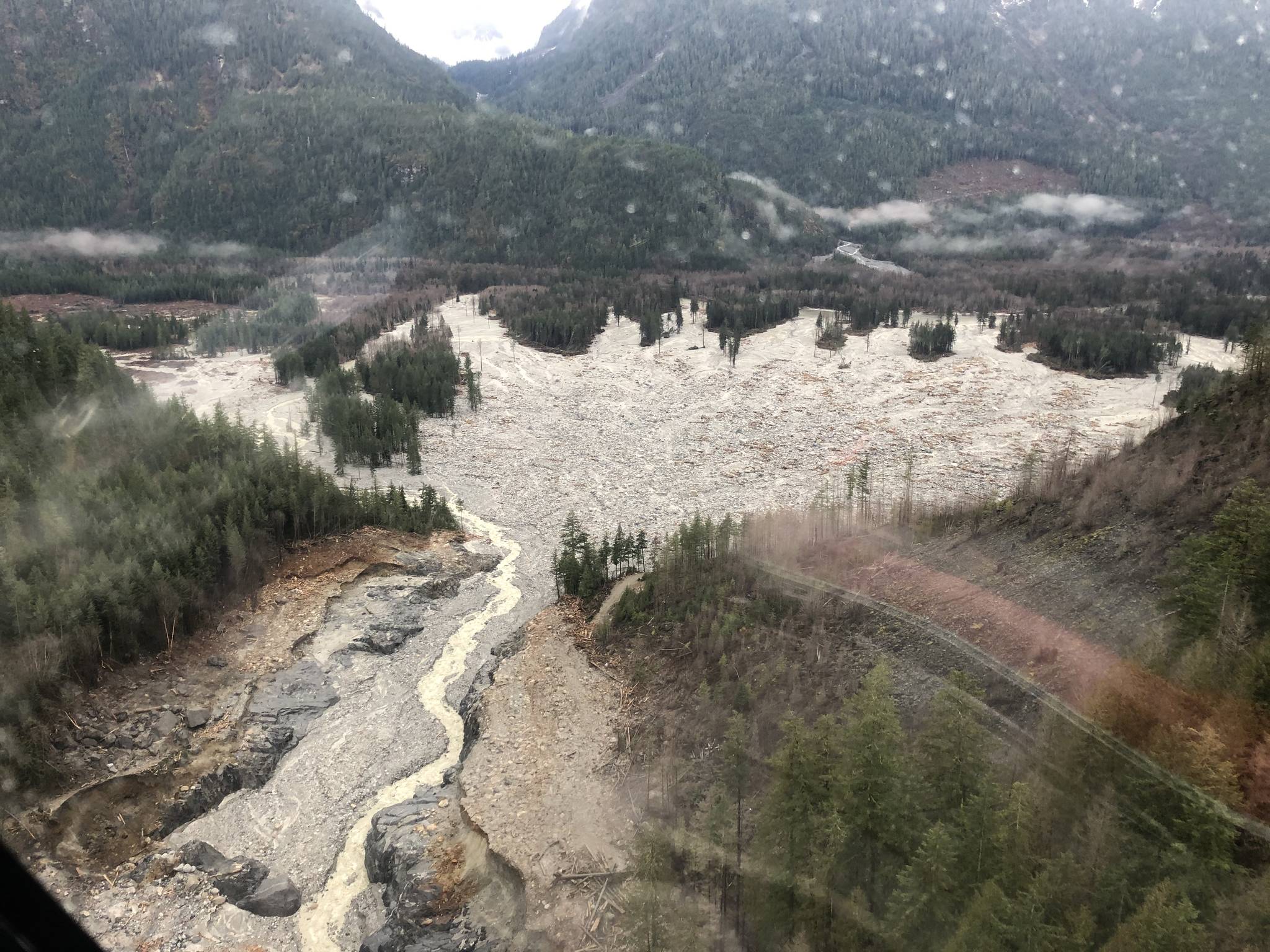A mid-December ariel view of impacted waterways and the devastation of salmon habitat from a November landslide near Elliot Creek in the Coast Mountains of B.C. (Photo supplied by 49 North Helicopters)