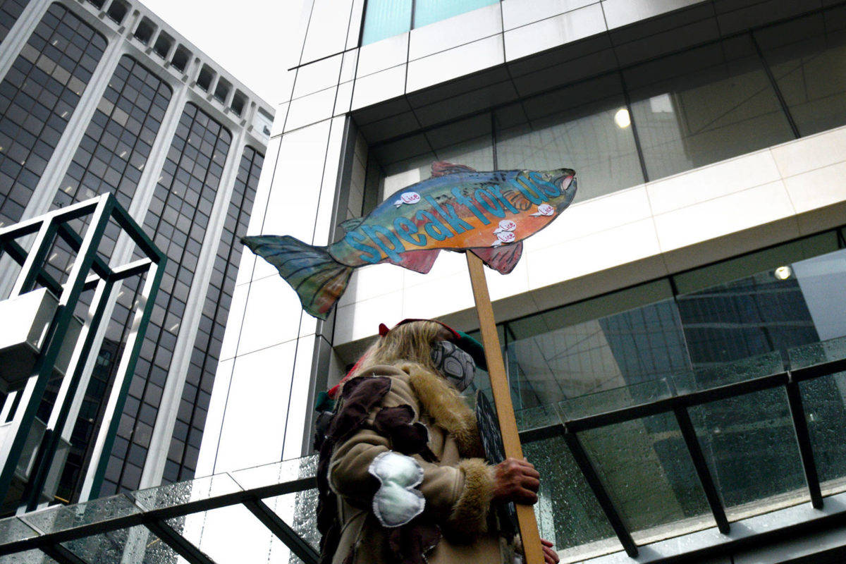A demonstrator wears representations of sea lice outside the Fisheries and Oceans Canada offices in downtown Vancouver Sept. 24, demanding more action on the Cohen Commission recommendations to protect wild Fraser River sockeye. Today (Dec. 17) Federal Fisheries Minister Bernadette Jordan gave B.C. salmon farm operators 18 months to deactivate farms in the Discovery Islands. (Quinn Bender photo)