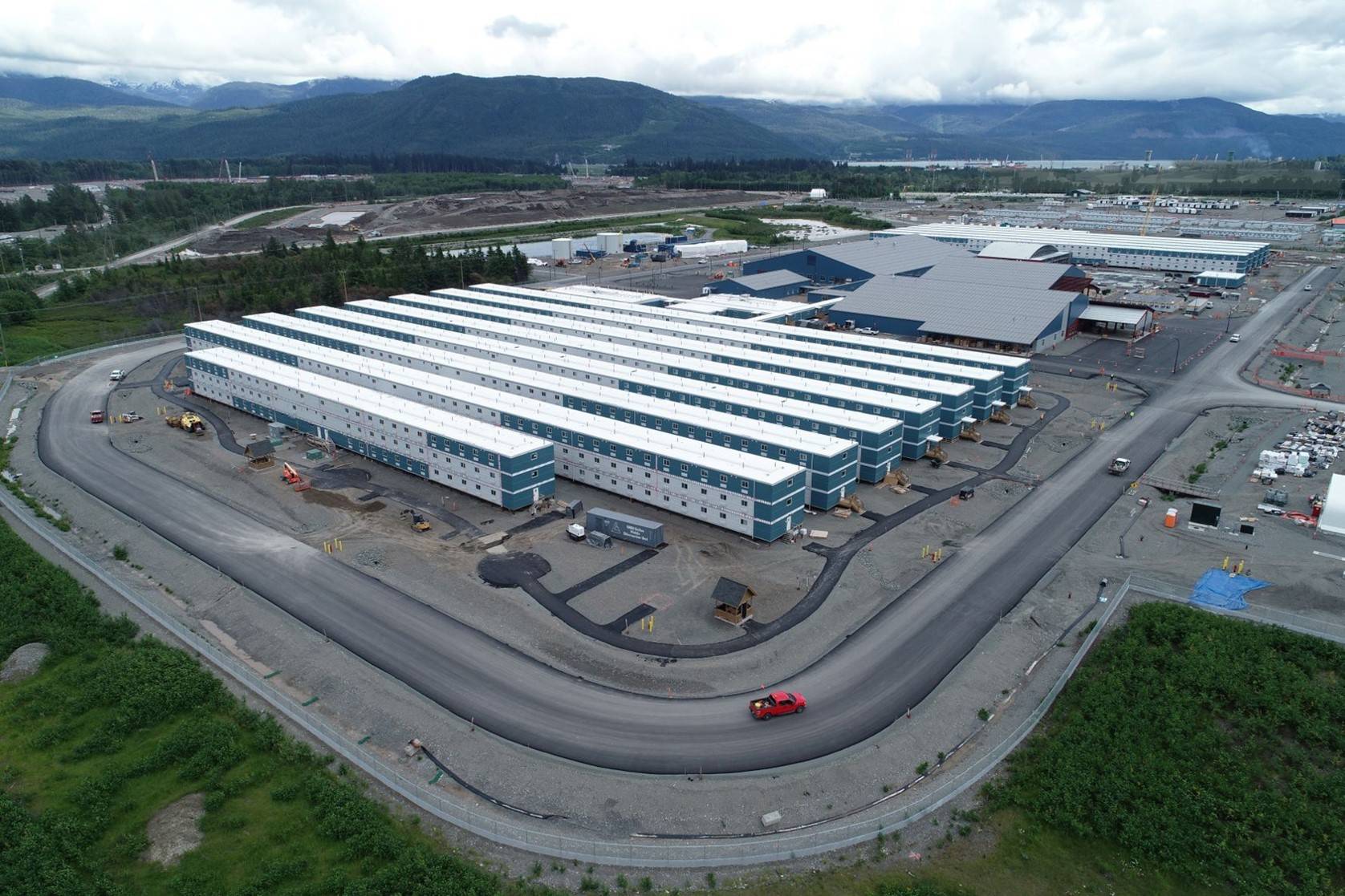 An aerial shot of Cedar Valley Lodge, LNG Canada’s newest accommodation for workers on their project site in Kitimat. LNG Canada had a second COVID-19 outbreak declared, just weeks after the first was announced Nov. 19. (Photo courtesy of LNG Canada)