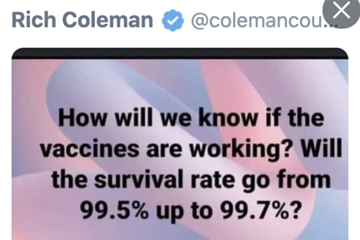 A screenshot of Rich Coleman’s deleted tweet. (Twitter/Special to the Langley Advance Times)