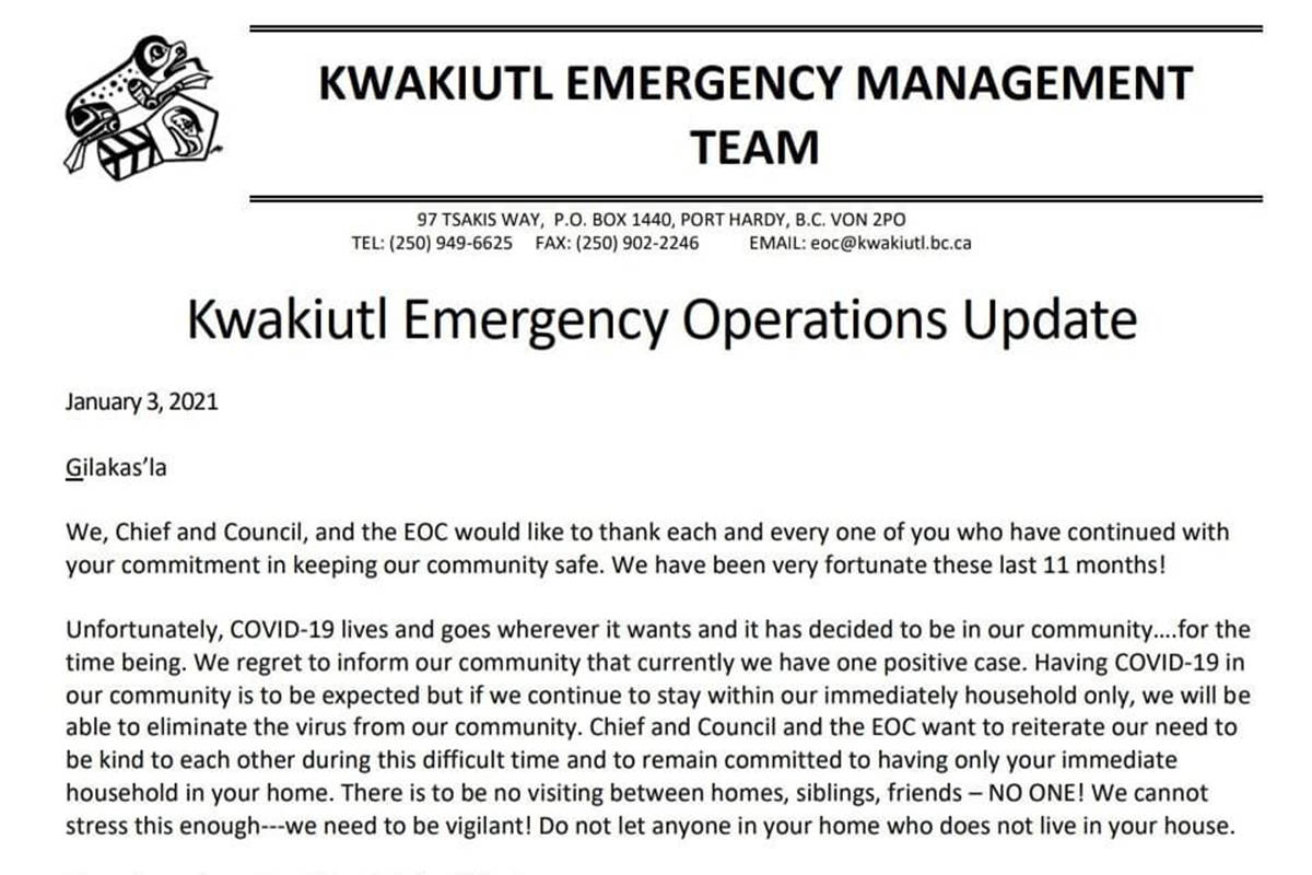 Screenshot of the Facebook post from the Kwakiutl Emergency Management Team announcing positive COVID-19 test. (Kwakiutl Emergency Management Team Facebook)