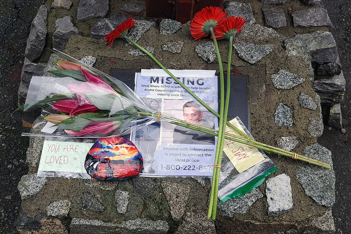 Emily Rose laid down a kindness rocks at a tribute to 16-year-old Andre Courtemanche, whose body was found Saturday at Goldstream Provincial Park in Langford. (Emily Rose photo)