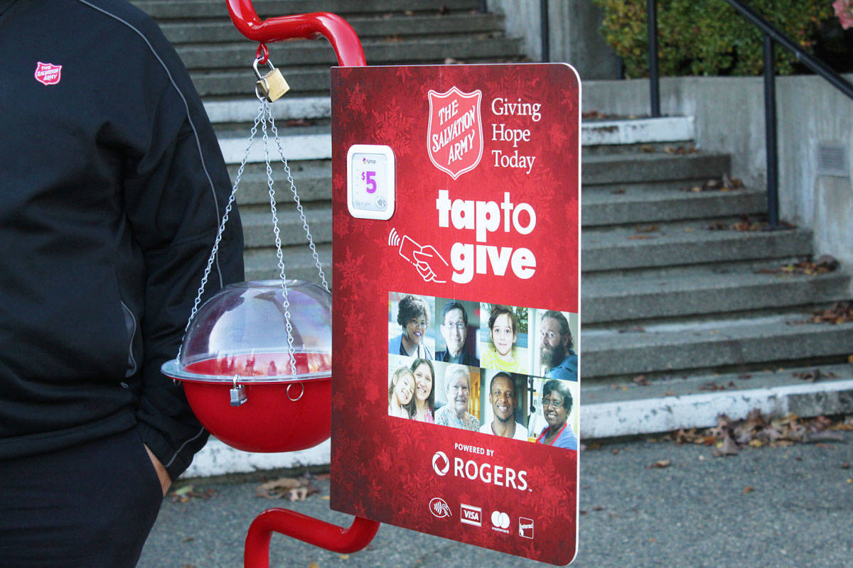 The Salvation Army’s 2020 Christmas Kettle Campaign includes a new $5 tap feature for pandemic-friendly donations. (Devon Bidal/News Staff)