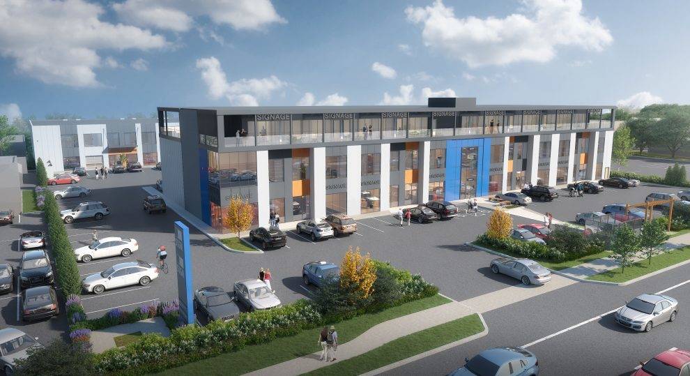 An architectural rendering provides a look at PC Urban’s proposal for three buildings on the former Galaxy Motors property at 1764 Island Hwy. in Colwood. (Rendering courtesy of PC Urban)