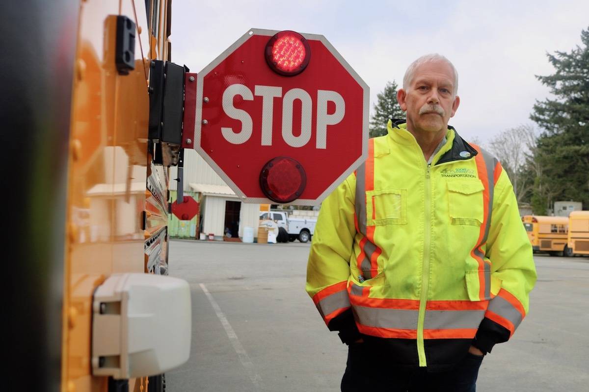 SD62 bus driver Kerry Zado said it’s common to see drivers lose their patience and pass by his bus while he’s picking up students during the morning commute. (Aaron Guillen/News Staff)