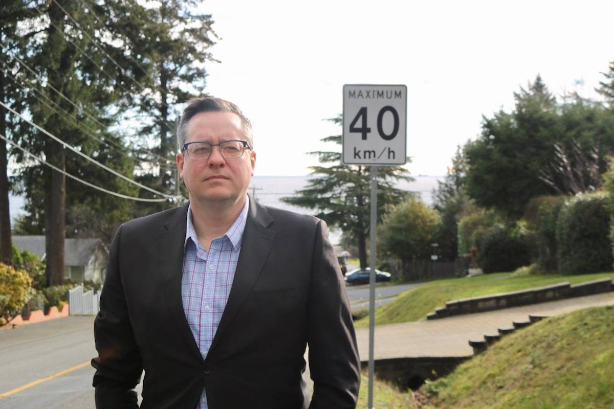 Brad Windsor has been an advocate for years to get sidewalks installed along Milburn Drive in Colwood, but to no avail. He wants city council to commit to making Milburn a priority lane for sidewalk construction in the future. (Aaron Guillen/News Staff)