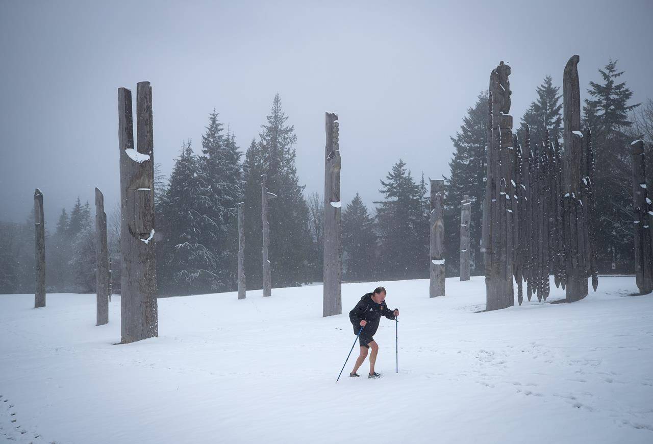 A man wearing shorts uses trekking poles as he walks through the snow at Burnaby Mountain Park in Burnaby, B.C., on Sunday, Jan. 24, 2021. Canadians are “Angry Birds” when it comes to climate action, indicates a survey the United Nations calls the largest ever taken on the issue. THE CANADIAN PRESS/Darryl Dyck
