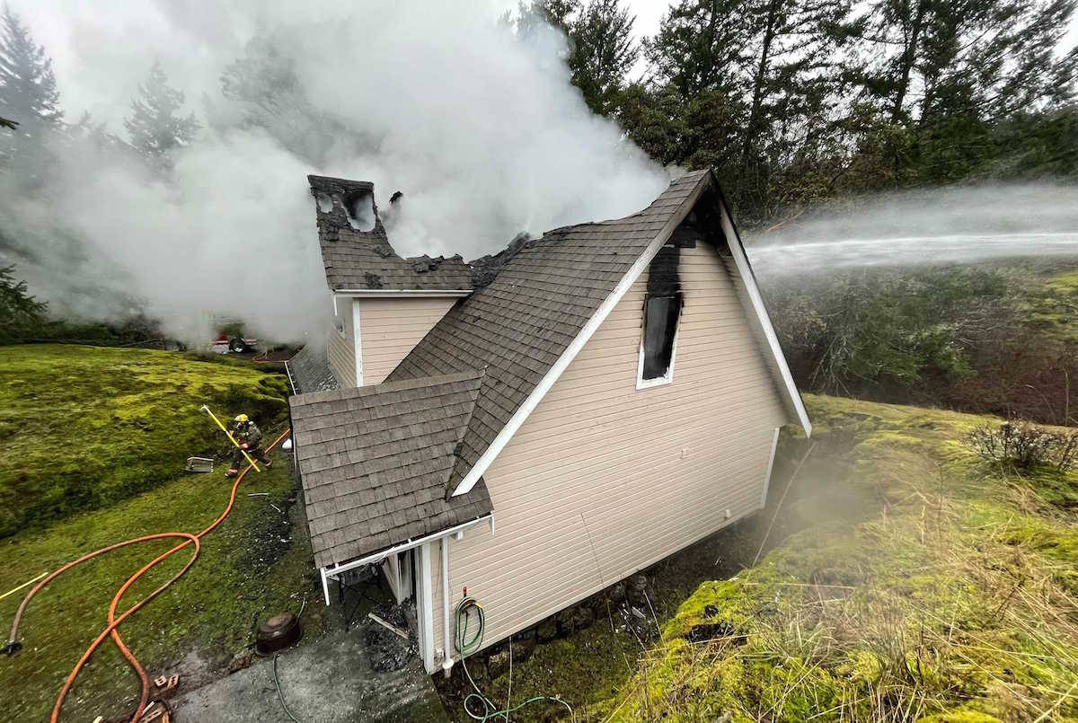 Metchosin Fire Rescue Fire Chief Stephanie Dunlop said home is moderately damaged after a fire along Hi-Mount Drive Sunday morning. (Stephanie Dunlop photo)