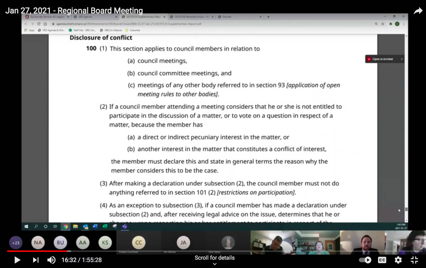 Lawyer Matthew Voell presents Section 100 of the Community Charter, which defines conflicts of interest during his defence of Director Noba Anderson to the SRD Board on Jan. 27. Photo courtesy Youtube