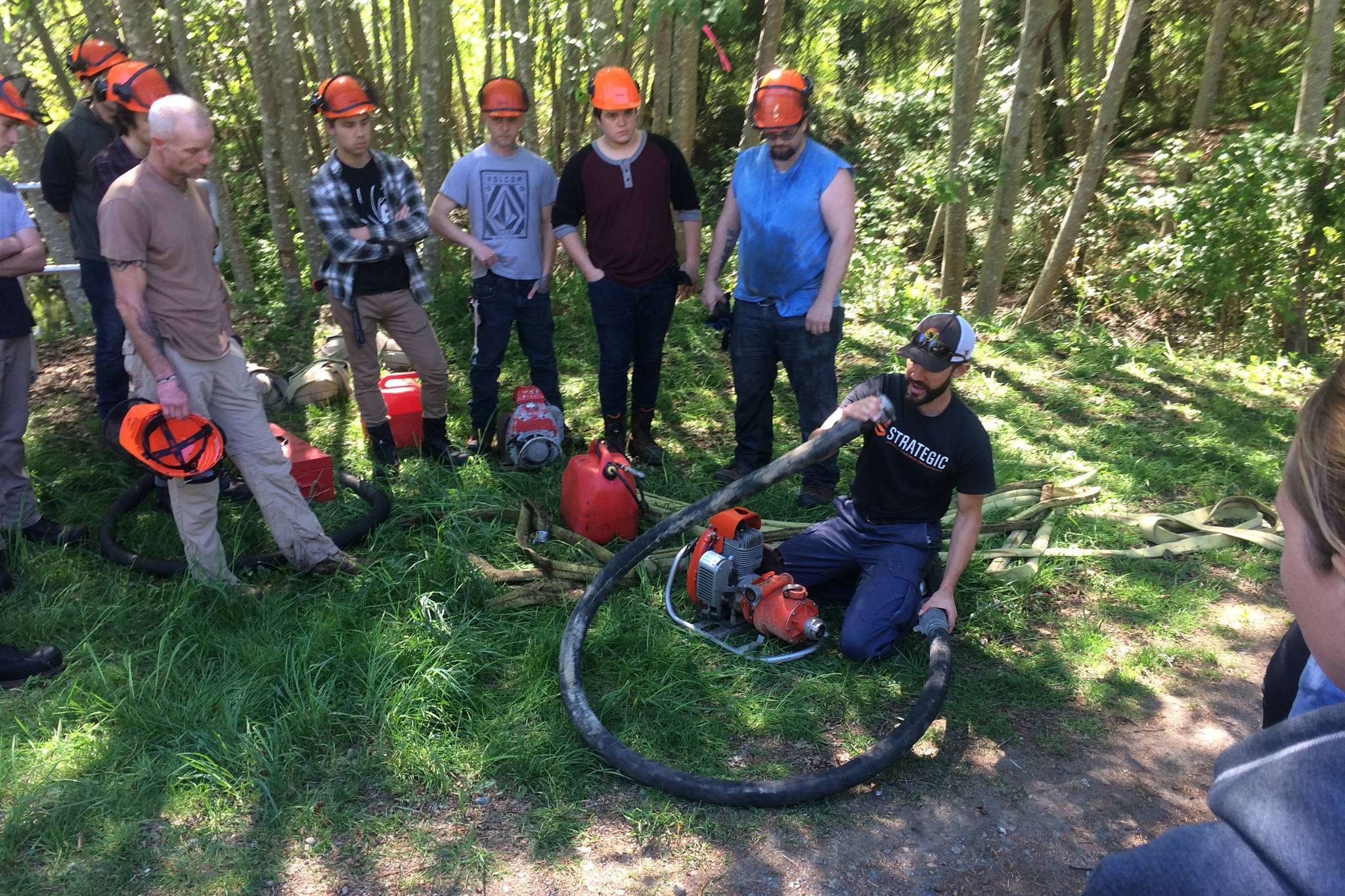 NIC wildfire students learn about water delivery, pump operation and parts of a wildfire fighting kit in Campbell River in 2019. (SUBMITTED PHOTO)