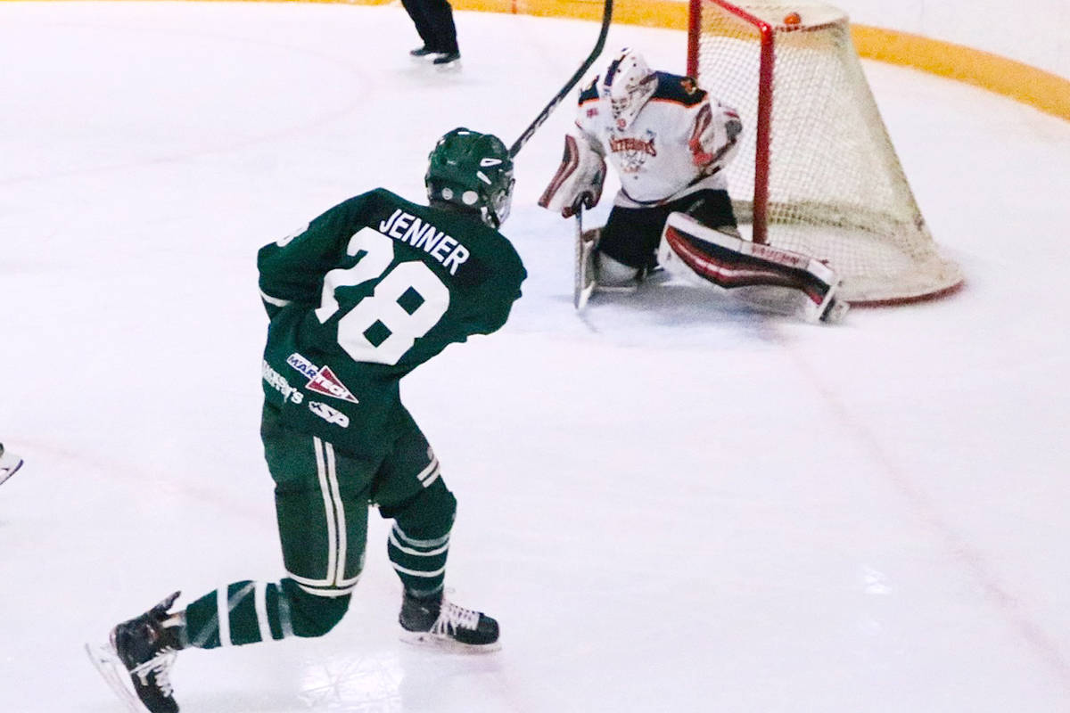 A Nelson Leafs player takes a shot on a Beaver Valley Nitehawks goaltender during the 2020 playoffs. The KIJHL announced Saturday it was cancelling the 2020-21 season. Photo: Jim Bailey/Trail Times