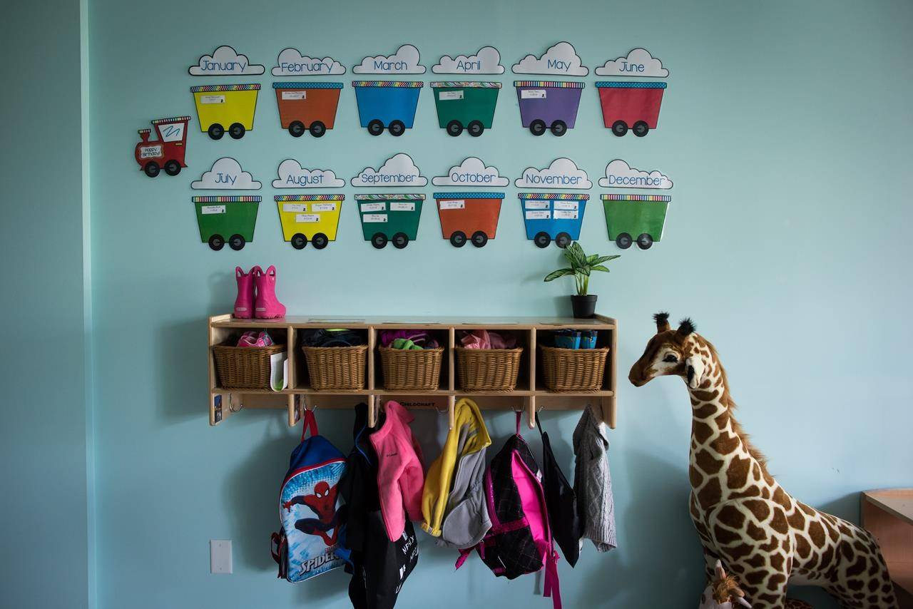 FILE – Children’s backpacks and shoes are seen at a daycare in Langley, B.C., on Tuesday May 29, 2018. THE CANADIAN PRESS/Darryl Dyck