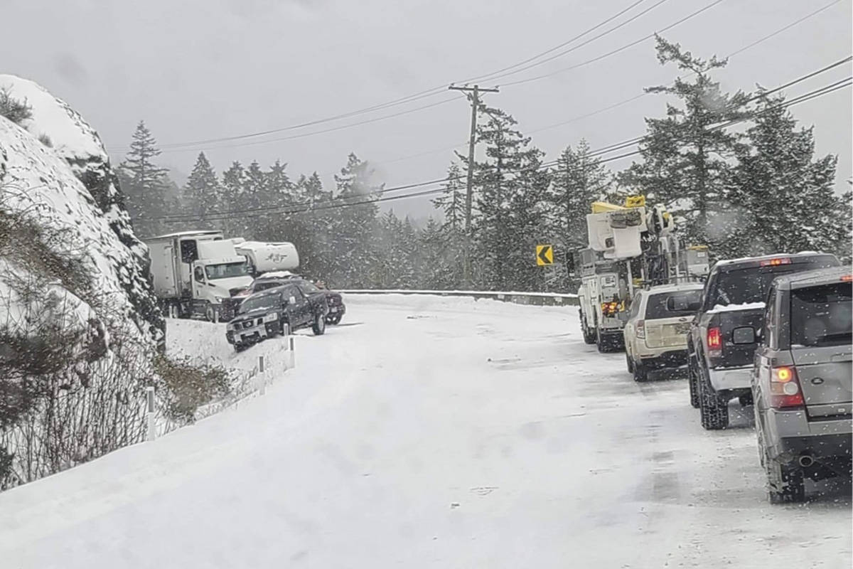 A six-vehicle pile-up brought traffic to a standstill in the 5200-block of Sooke Road Feb. 13. (Courtesy of Randi Fillatre)