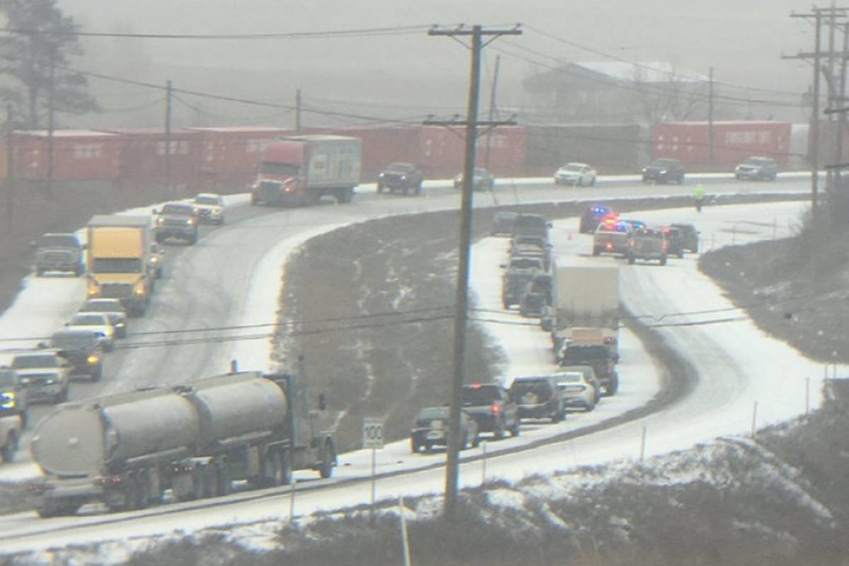 The eastbound lanes of Highway 1 near Grand Boulevard in Valleyview were closed for several hours after a fatal crash on Feb. 15, 2021, due to a fatal accident. (THE BMJW/Twitter)