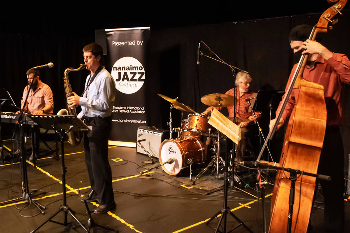 Nico Rhodes, Lucas Smart, James McRae and Kosma Busheikin (from left) recorded their set for the Nanaimo International Jazz Festival’s online video series at the Harbour City Theatre in December. (Photo courtesy François Savard)