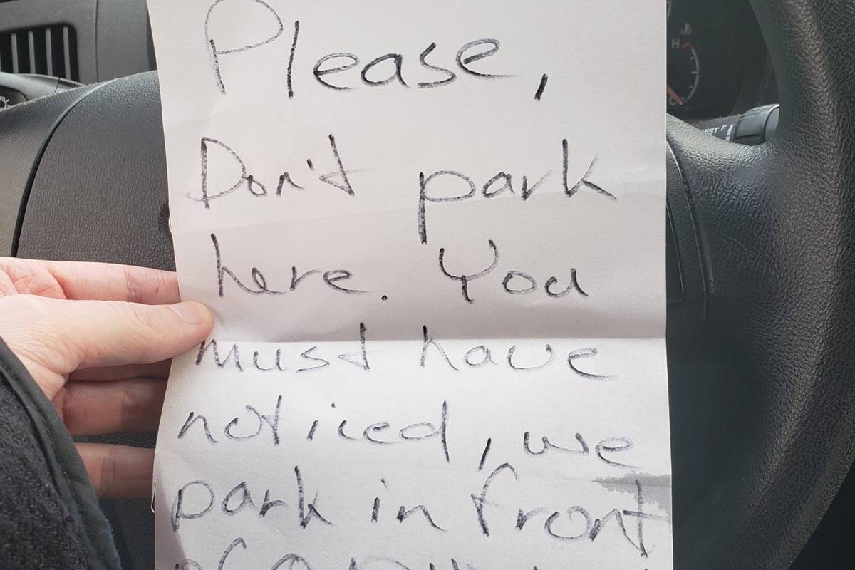 Amy Morrison was surprised to find a note on her windshield for parking on a public street with no restrictions in south Oak Bay where she works. (Amy Morrison Photo)