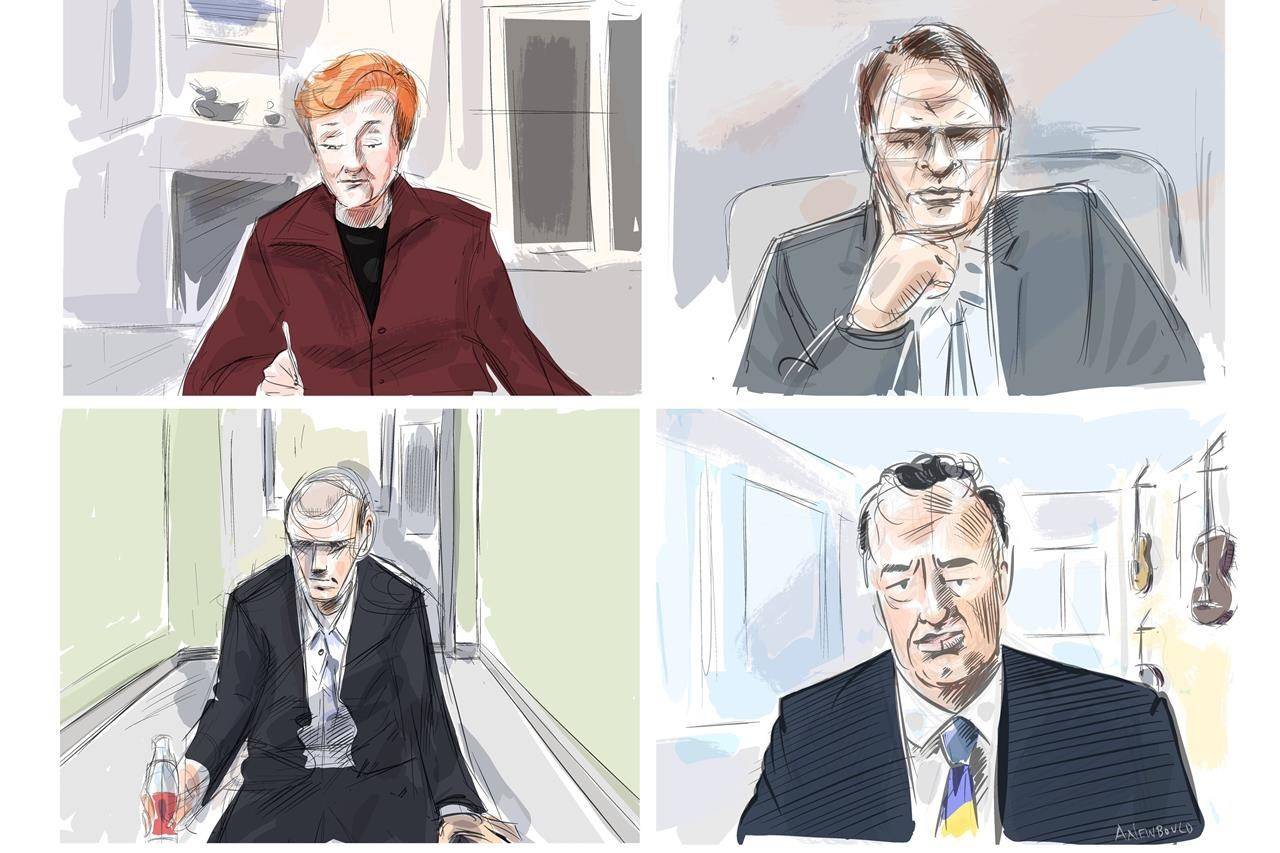 Justice Anne Molloy, from top left, John Rinaldi, Dr. Scott Woodside and accused Alek Minassian are shown during a murder trial conducted via Zoom videoconference in this courtroom sketch on December 11, 2020. THE CANADIAN PRESS/Alexandra Newbould