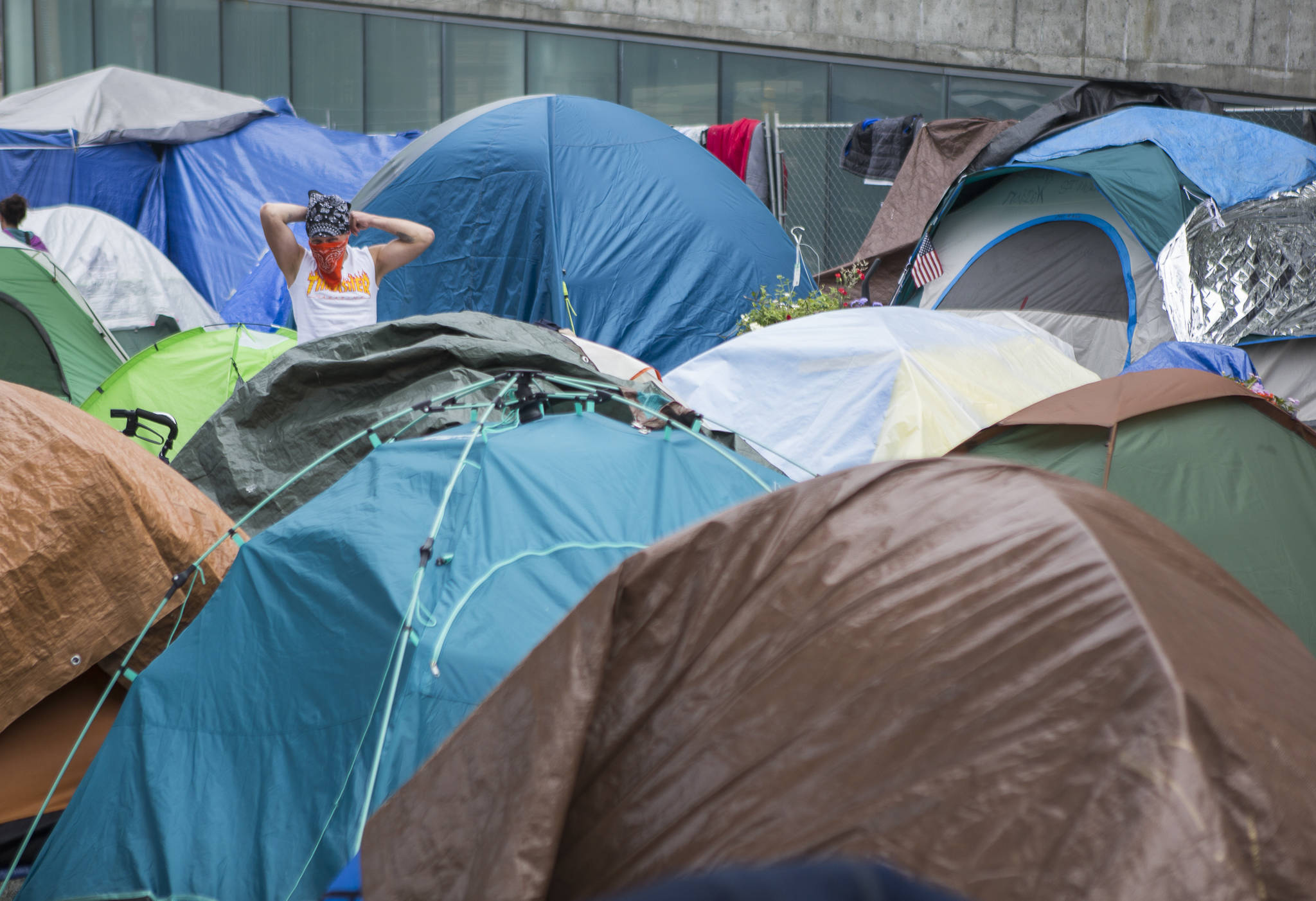 BC Housing minister David Eby is concerned that Penticton council’s decision to close a local homeless shelter will result in a “tent city” similar to this one in Everett, Wa. (Olivia Vanni / Black Press file)