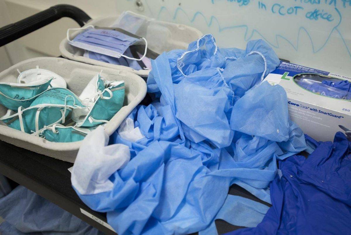 Personal protective equipment is seen in the COVID-19 intensive care unit at St. Paul’s hospital in downtown Vancouver. THE CANADIAN PRESS/Jonathan Hayward