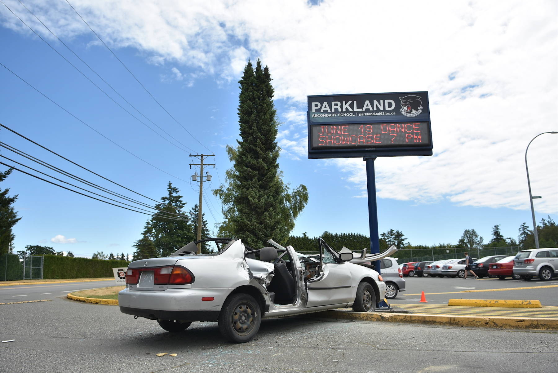 The designation of March as Distracted Driving Awareness Month is among several measures designed to stop the use of hand-held phones. In 2018, Sidney/North Saanich RCMP, North Saanich Fire, BC Ambulance and ICBC partnered with Parkland drama students who played the role of driver, passenger and witness to simulate a car crash designed to prevent students from texting and driving. (Black Press Media File)