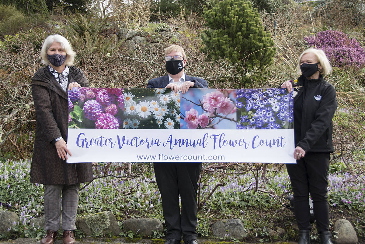 Cathy Armstrong, executive director of the Land Conservancy, Paul Nursey CEO of Destination Greater Victoria and Saanich Coun. Susan Brice helped to kick off the annual Greater Victoria Flower Count at Abkhazi Garden Monday. This year, the flower count is less about rubbing the region’s weather in the rest of Canada’ faces, and more about extending a bouquet of compassion and love. (Nina Grossman/News Staff)