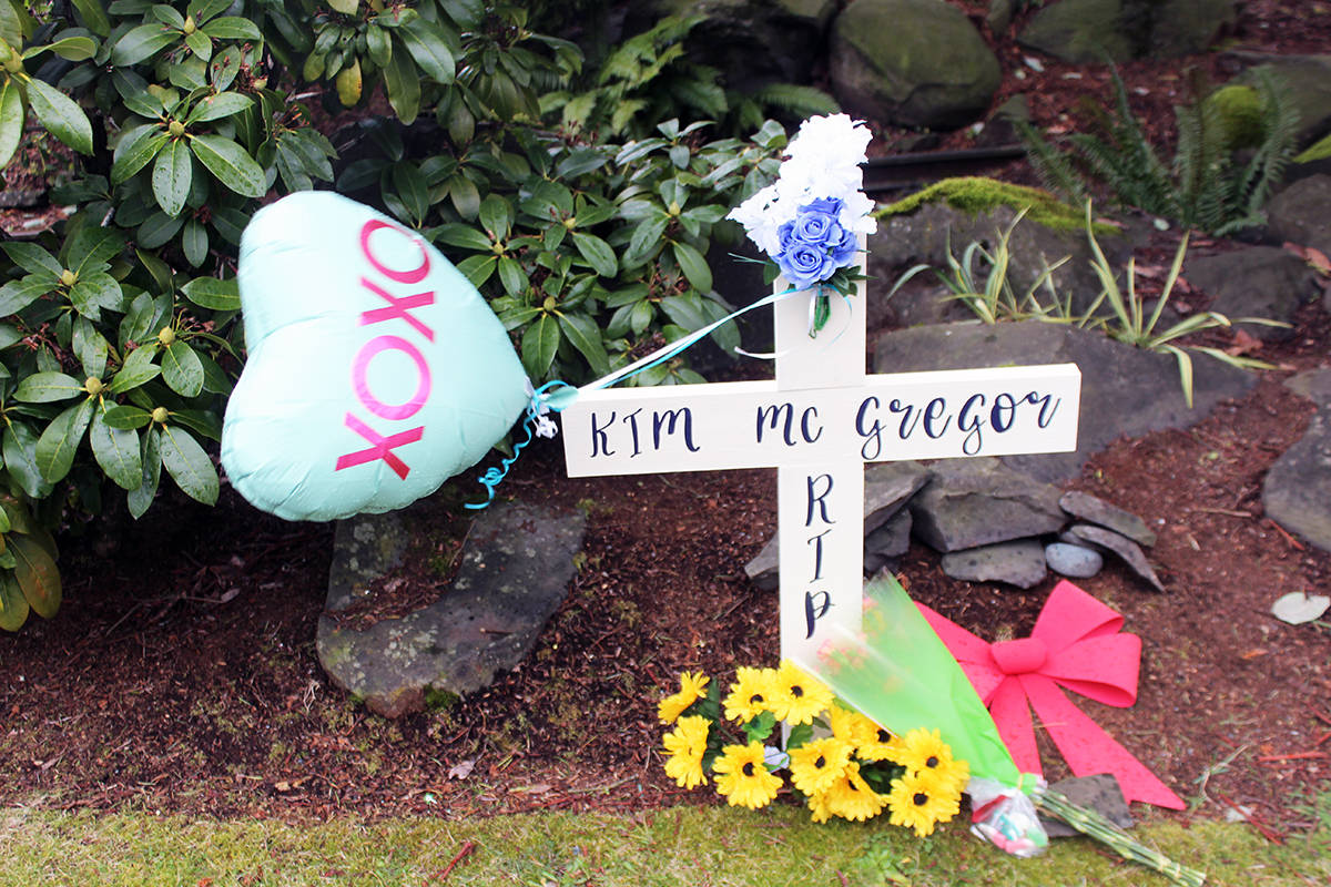 Memorial set up at the site where Kim McGregor was killed in a hit-and-run incident. (Photo by Don Bodger)