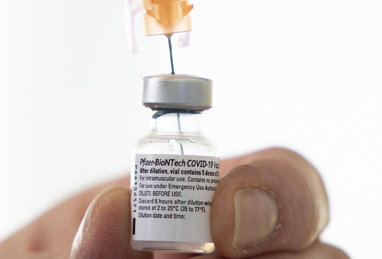 A dose of the Pfizer-BioNTech COVID-19 vaccine is pictured at a vaccination site in Vancouver Thursday, March 11, 2021. THE CANADIAN PRESS/Jonathan Hayward