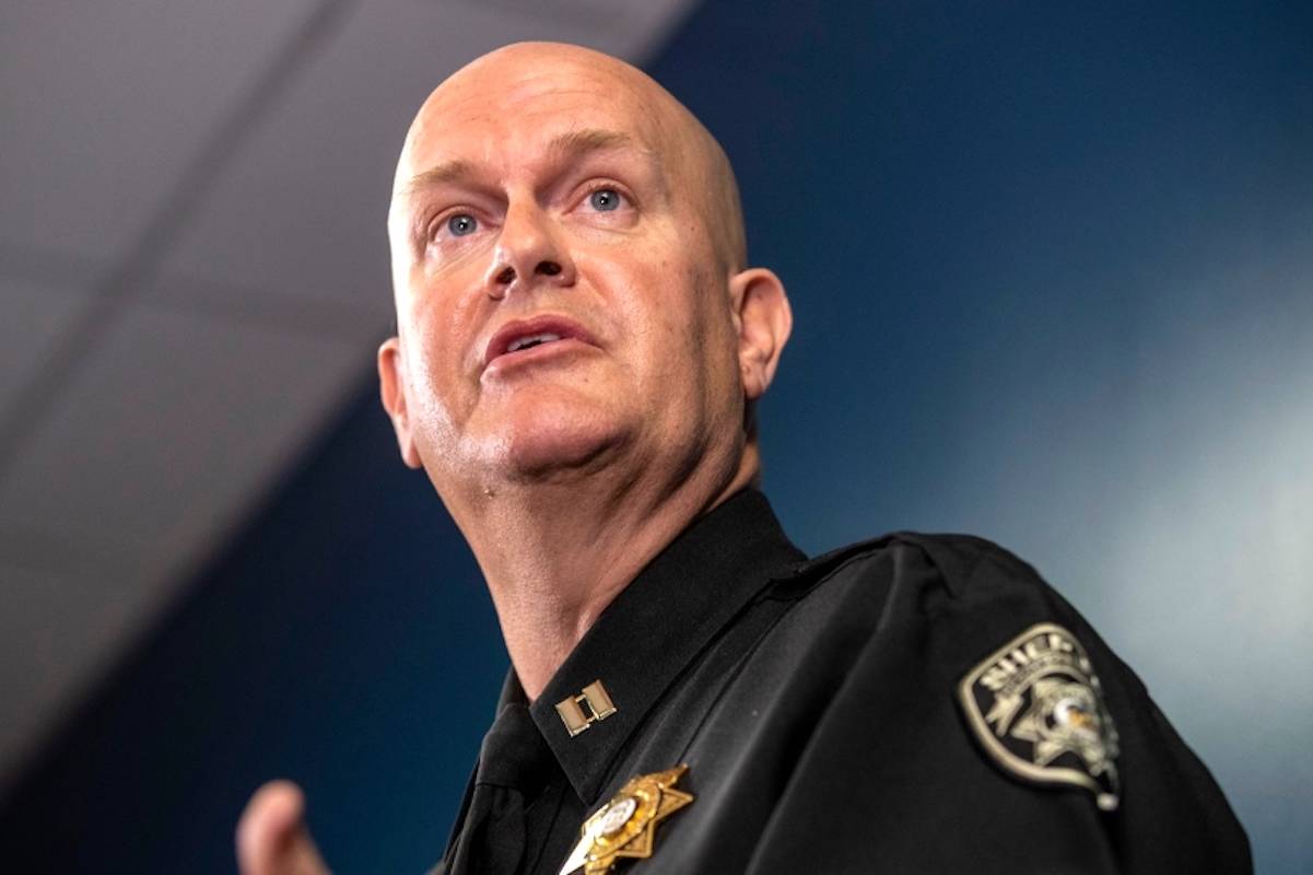 Captain Jay Baker, of the Cherokee County Sheriff’s Office, spoke about the arrest of Robert Aaron Long during a press conference at the Atlanta Police Department headquarters in Atlanta, Wednesday, March 17, 2021. (Alyssa Pointer/Atlanta Journal-Constitution via AP)