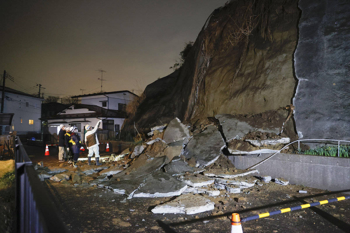 A collapsed section of a cliff is seen in Shiogama, Miyagi Prefecture, northern Japan Saturday March 20, 2021, after a powerful earthquake struck northeastern Japan. (Kyodo News via AP)