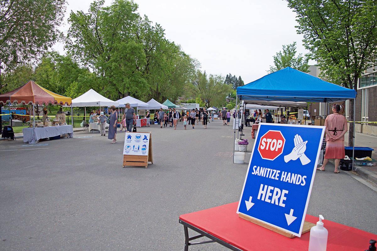 Pictured is the entrance to the Cranbrook Farmers’ Market on opening day in 2020. COVID-19 protocols, including hand sanitizing, mask wearing and physical distancing, remain in place for this year’s market season, which kicks off in May. (Corey Bullock/Cranbrook Townsman file)
