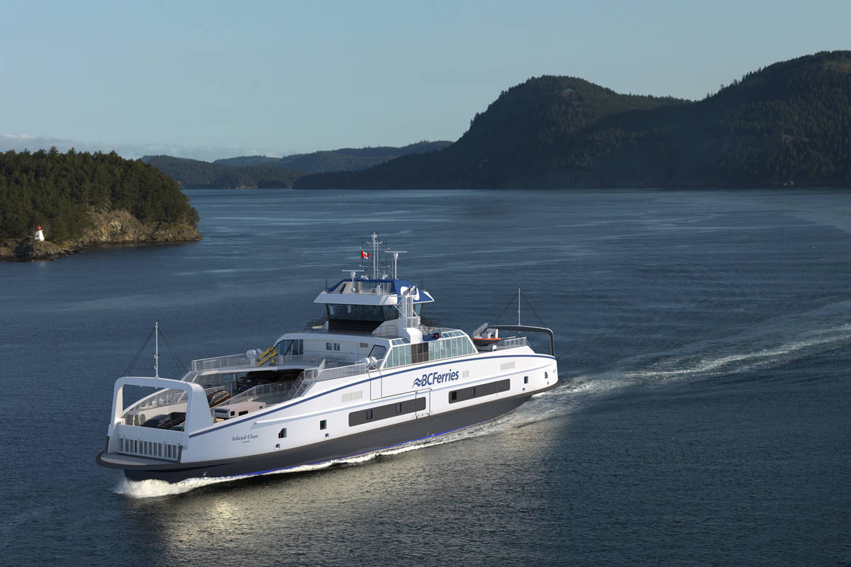 An artist’s rendering of B.C. Ferries’ new Island-class ferry, which will be deployed on the Campbell River-Quadra route by 2022. (B.C. Ferries image)