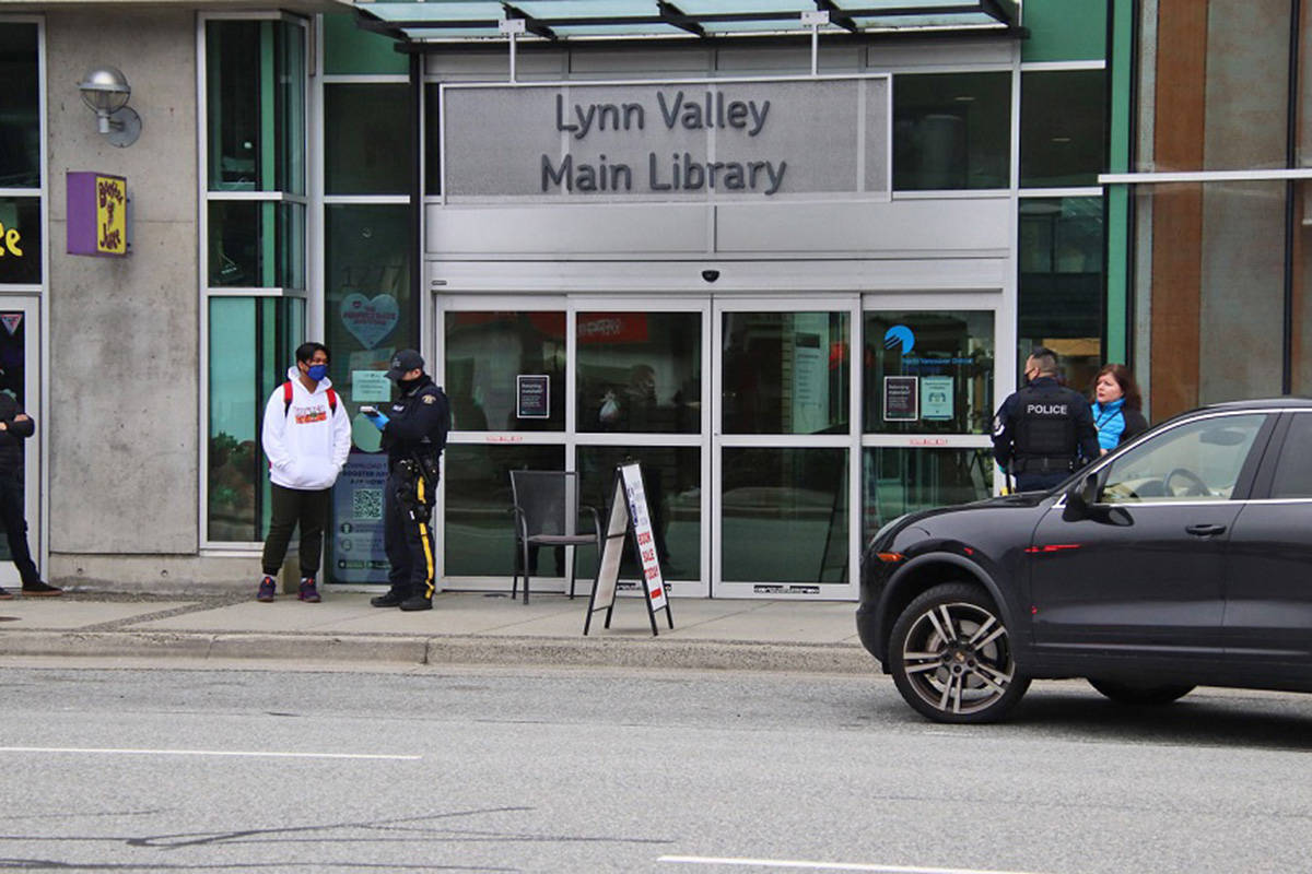 A woman was killed and another six people injured during a series of stabbings at the Lynn Valley Library in North Vancouver on Saturday, March 27, 2020. (Shane MacKichan)