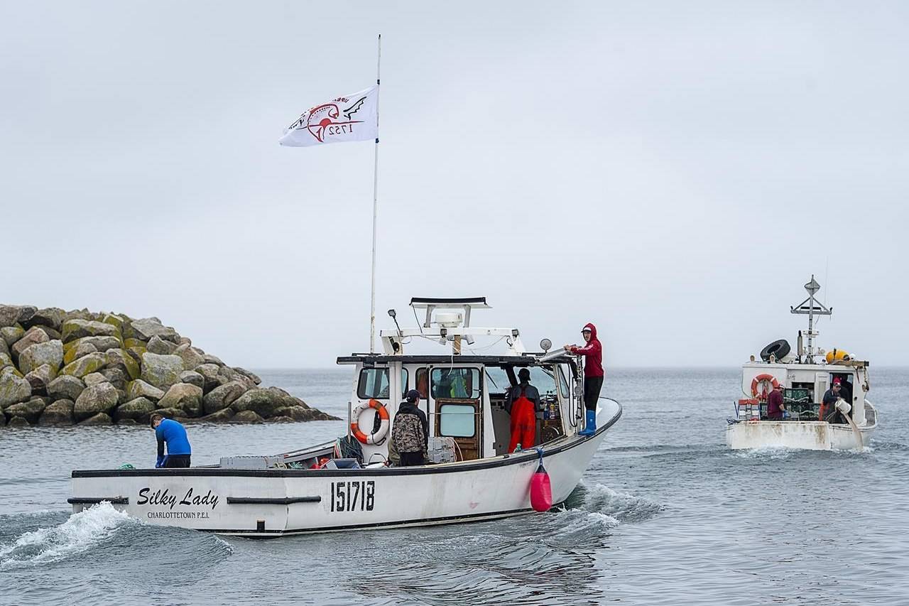 Indigenous lobster boats head from the harbour in Saulnierville, N.S., on Wednesday, Oct. 21, 2020. THE CANADIAN PRESS /Andrew Vaughan