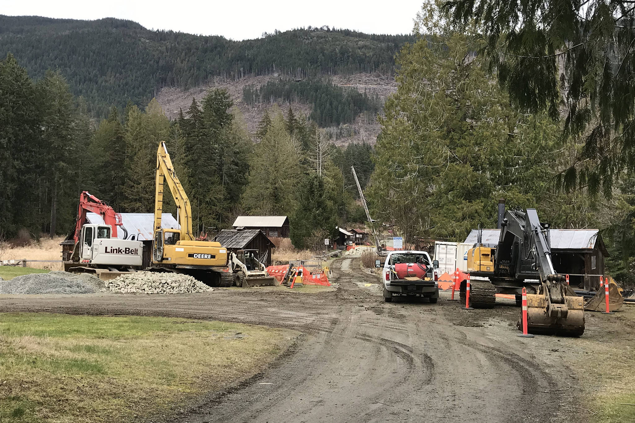 Contractors have started working on structural improvements to the McLean Mill dam, near the Alberni Valley Enhancement Association’s fish hatchery. Work started the week of March 15, 2021 and is expected to wrap up at the end of April. (SUSAN QUINN/ Alberni Valley News)