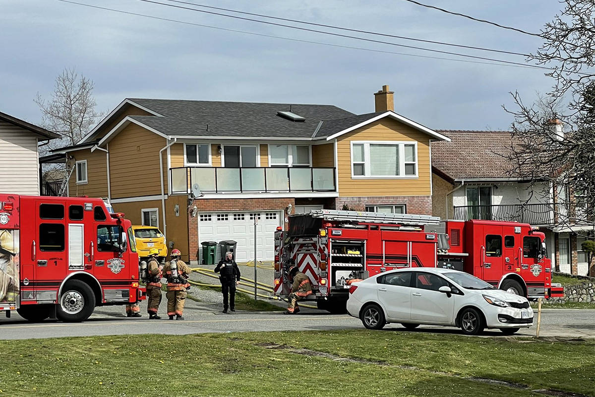 Saanich fire crews on the scene of a structure fire in the 600-block Jolly Place on April 1. (Saanich fire/Twitter)
