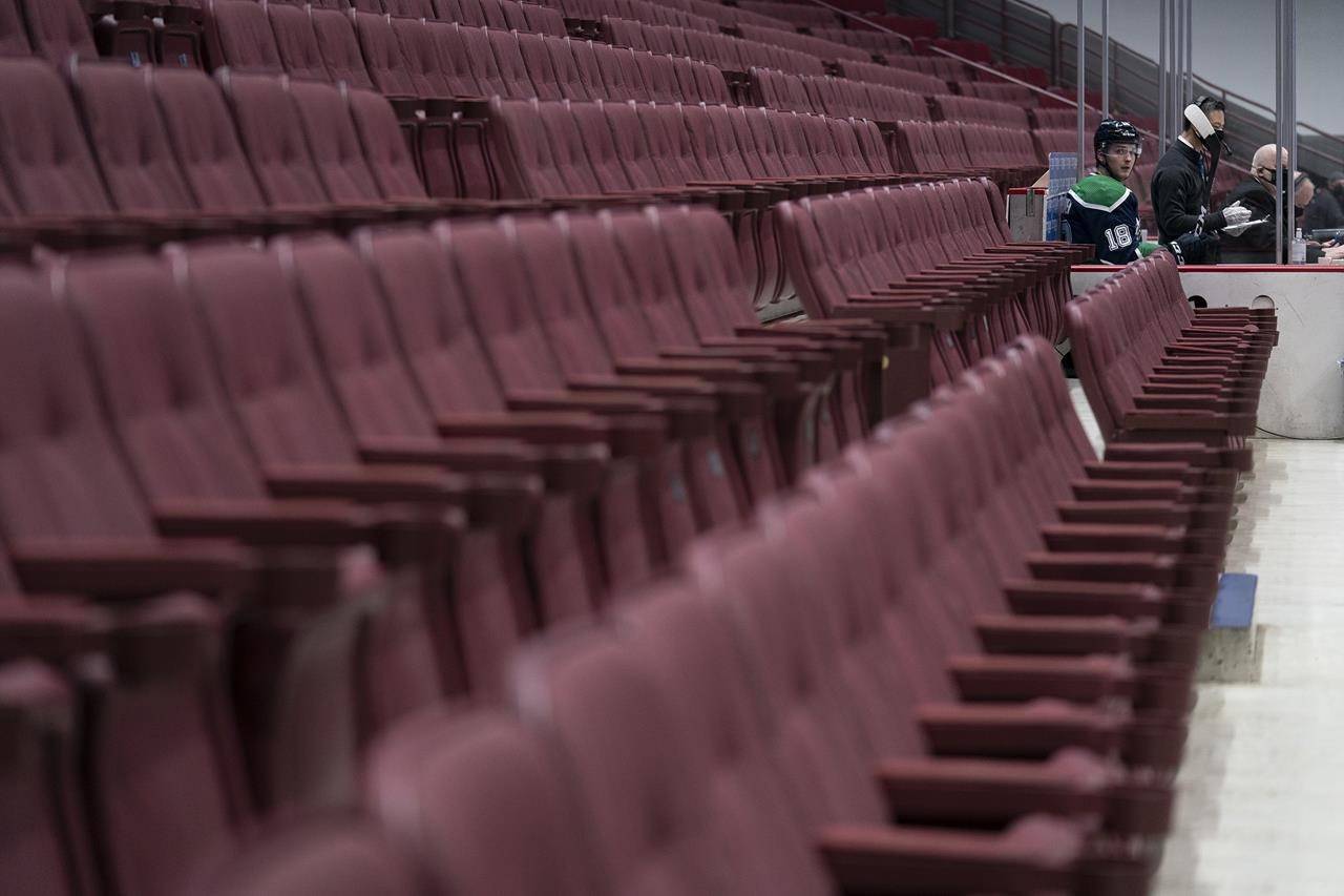 Vancouver Canucks right wing Jake Virtanen (18) sits in the penalty box as seats normally filled with fans remain empty during first-period NHL action against the Edmonton Oilers in Vancouver on February 25, 2021. THE CANADIAN PRESS/Jonathan Hayward